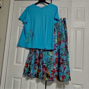 BFA classics cotton green blue Tourquoise floral skirt & tee shirt set size 1X